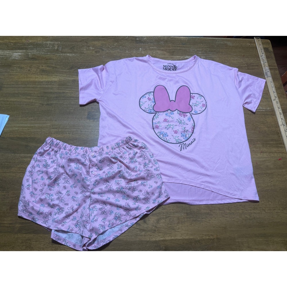 Disney Minnie Mouse Pajama Set Womens Small Pink Floral Sleepwear Excellent